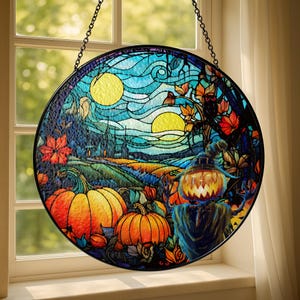Halloween Sunset Stained Glass Suncatcher, Pumpkin Patch, Bats & Moon Window Hanging, Spooky Fall Decor, Autumn Themed Halloween Ornament