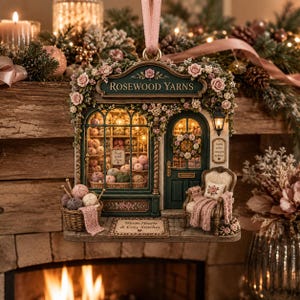 May include: A decorative hanging ornament shaped like a miniature yarn shop named Rosewood Yarns. The shop features a green storefront, a display window filled with yarn balls, a door with a wreath, a chair with a blanket, and a basket of yarn.