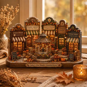 May include: A miniature autumn village display featuring a central gazebo surrounded by shops named Cocoa House, Pastry Corner, Harvest Blooms, Farmers Pantry, and Vintage Goods. The base is inscribed with Gather, Give Thanks, Grateful Hearts.