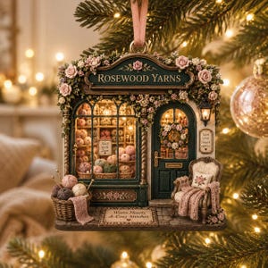 May include: A decorative hanging ornament shaped like a miniature yarn shop named Rosewood Yarns. The shop features a dark green storefront, shelves filled with yarn balls, a door with a wreath, and a chair with a blanket. Text reads Knit with Love, Yarn Love Create Repeat, and Warm Hearts & Cozy Stitches.