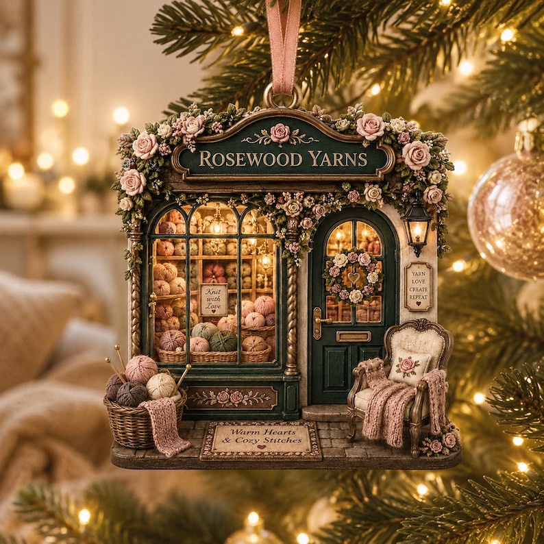 May include: A decorative hanging ornament shaped like a miniature yarn shop named Rosewood Yarns. The shop features a dark green storefront, shelves filled with yarn balls, a door with a wreath, and a chair with a blanket. Text reads Knit with Love, Yarn Love Create Repeat, and Warm Hearts & Cozy Stitches.