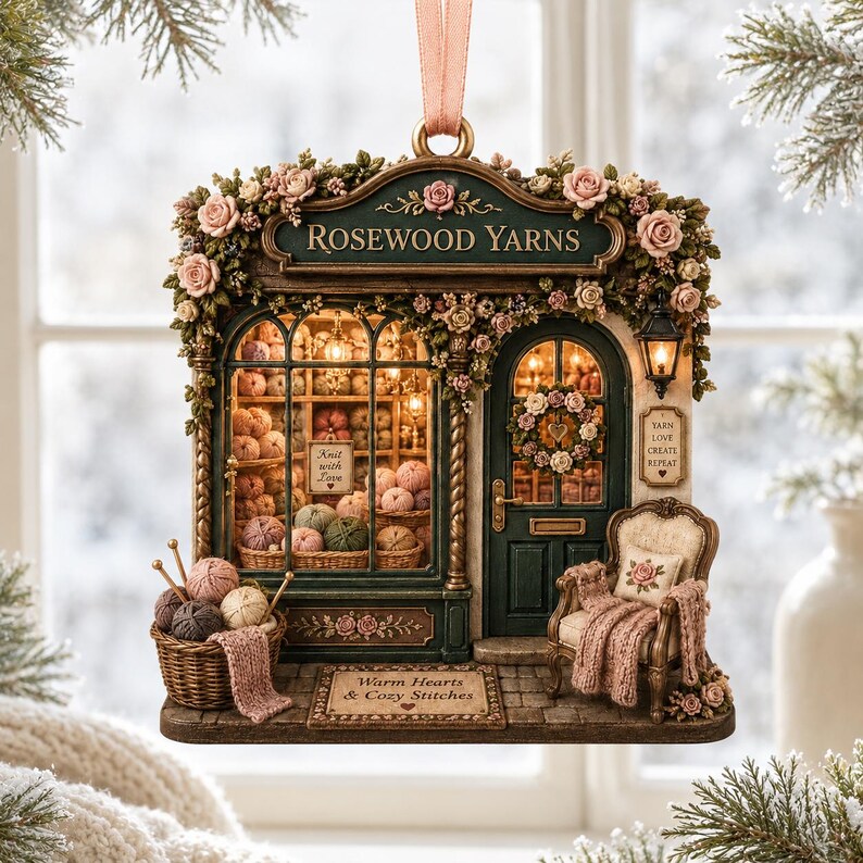 May include: A decorative hanging ornament shaped like a miniature yarn shop named Rosewood Yarns. The facade features floral accents, a display window filled with yarn balls, a dark green door, a small armchair with a blanket, and text signs.