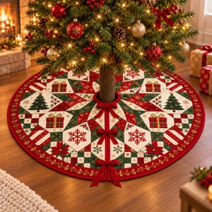 May include: A round, quilted Christmas tree skirt featuring a patchwork design of red, green, and cream fabric. The pattern includes motifs of pine trees, gift boxes, poinsettias, and snowflakes, secured with three red fabric bows.
