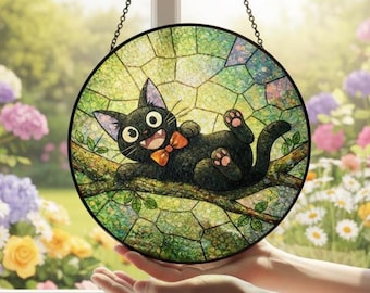 Jiji Cat Stained Glass Suncatcher, Ghibli Studio Window Hanging, Anime Lover Gift