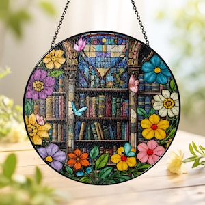 Bookshelf Stained Glass Suncatcher, Book Lover Window Decor