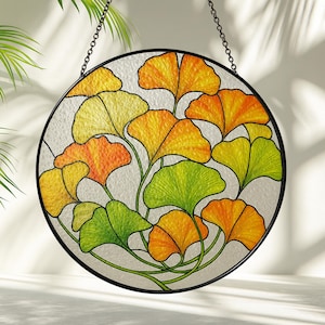 Ginkgo Leaf Stained Glass Suncatcher, Yellow Ginkgo Window Hanging Art, Autumn Garden Boho decor Gift for Plant Lover