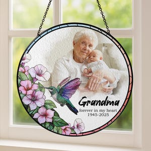 Personalized Memorial Suncatcher, Hummingbird & Flower Stained Glass