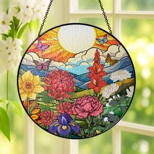 Wildflowers Sunset Stained Glass Style Window Hangings, Wall Decor, Housewarming Gift, Home Decor, Window Hanger