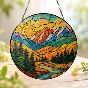 Mountain Range Stained Glass Suncatcher Ornament, Nature Suncatcher For Window Hanging, Stained Glass Window Decor, Christmas Home Decor
