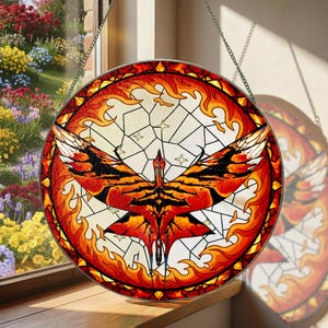 May include: Round stained glass window art featuring a stylized bird design in shades of red, orange, and black. The bird is centered within a geometric pattern, surrounded by flames and stars. The window is suspended by a chain.
