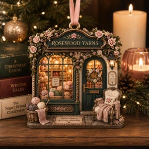 May include: A miniature Rosewood Yarns shop ornament featuring a dark green storefront, pink floral accents, and interior lighting. The display includes yarn balls, a basket of yarn, a small armchair with a pink throw, and signs reading Knit with Love.