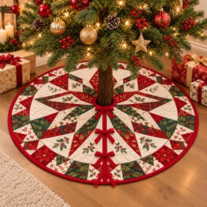 May include: A round quilted Christmas tree skirt featuring a star pattern in red, green, and cream. The fabric displays poinsettia flowers, holly leaves, and plaid accents. It includes a slit with four red ribbon ties for closure.