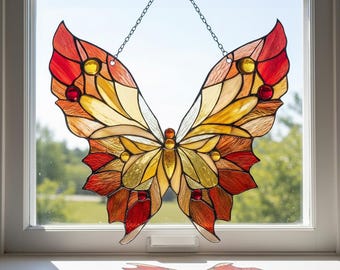 Gold Butterfly Faux Stained Acrylic Suncatcher, Whimsical Decor for Butterfly and Flower Lovers