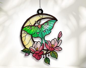 Luna Moth Suncatcher, Acrylic Stained Glass Effect Window Hanging