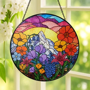 Wildflowers Sunset Stained Glass Style Window Hangings, Wall Decor, Housewarming Gift, Home Decor, Window Hanger