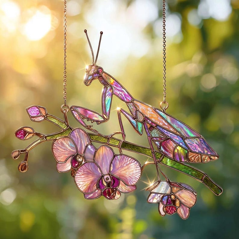 Pink Mantis on Orchid Flower Acrylic Suncatcher, Praying Mantis Window ...