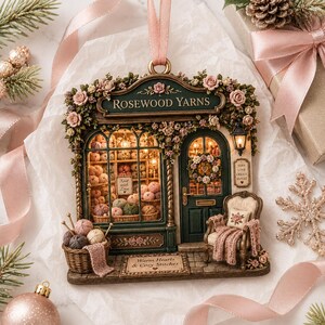 May include: A decorative hanging ornament shaped like a yarn shop named Rosewood Yarns, featuring a storefront with shelves of yarn, a door with a wreath, a chair with a blanket, and text reading Knit with Love, Yarn Love Create Repeat, and Warm Hearts & Cozy Stitches.