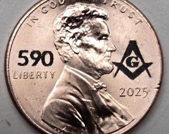 Laser Engraved Masonic Penny: Lodge Number Option