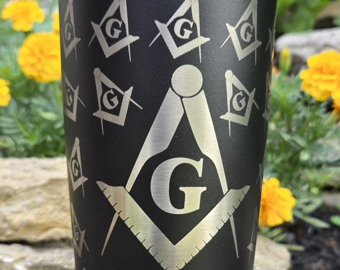 Laser Engraved Masonic Tumbler: Black Stainless Steel, 20oz