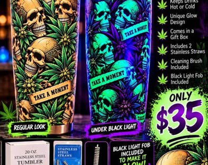Skull & Cannabis Full-Wrap Tumbler – GLOWS Under Black Light!