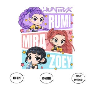 Puede incluir: Ilustración digital de tres personajes de estilo anime: Rumi, Mira y Zoey. Cada personaje tiene un peinado y atuendo únicos. El fondo está dividido en secciones con acentos de estrellas y el texto "HUNTRAX".