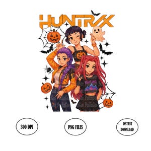 May include: A digital illustration featuring three anime-style girls in Halloween costumes. The image includes pumpkins, bats, and a ghost. The word "HUNTRAX" is displayed in orange block letters. The image also includes the text "300 DPI", "PNG FILES", and "INSTANT DOWNLOAD".