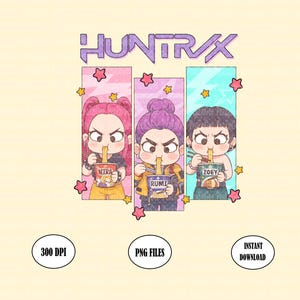 Puede incluir: Ilustración de tres personajes de dibujos animados comiendo fideos, cada uno con un color de pelo diferente: rosa, morado y negro. La palabra "HUNTRAX" está encima de los personajes. Cada personaje está en un marco de diferente color con estrellas.