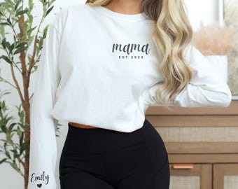 Mama Est 2026 T-Shirt, Personalized Sleeve Name, Comfort Colors Cotton Tee