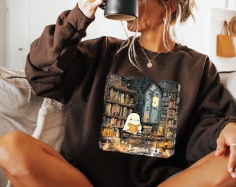 Cute Ghost Reading Books Halloween Sweatshirt, Ghost Halloween Sweater, Cozy Halloween Girly Sweater, Halloween Women Gift