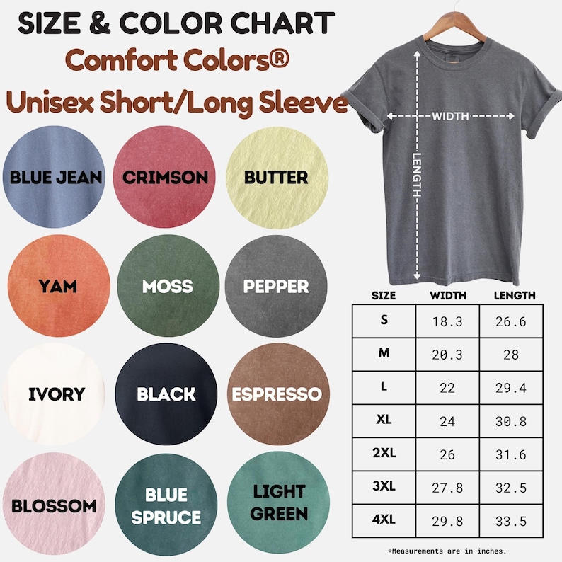 Może przedstawiać: Tabela rozmiar&oacute;w i kolor&oacute;w dla koszulek unisex Comfort Colors z kr&oacute;tkim/długim rękawem. Tabela przedstawia kolory takie jak Blue Jean, Crimson i Butter. Szara koszulka wisi na wieszaku, z wymiarami w calach. Rozmiary od S do 4XL.
