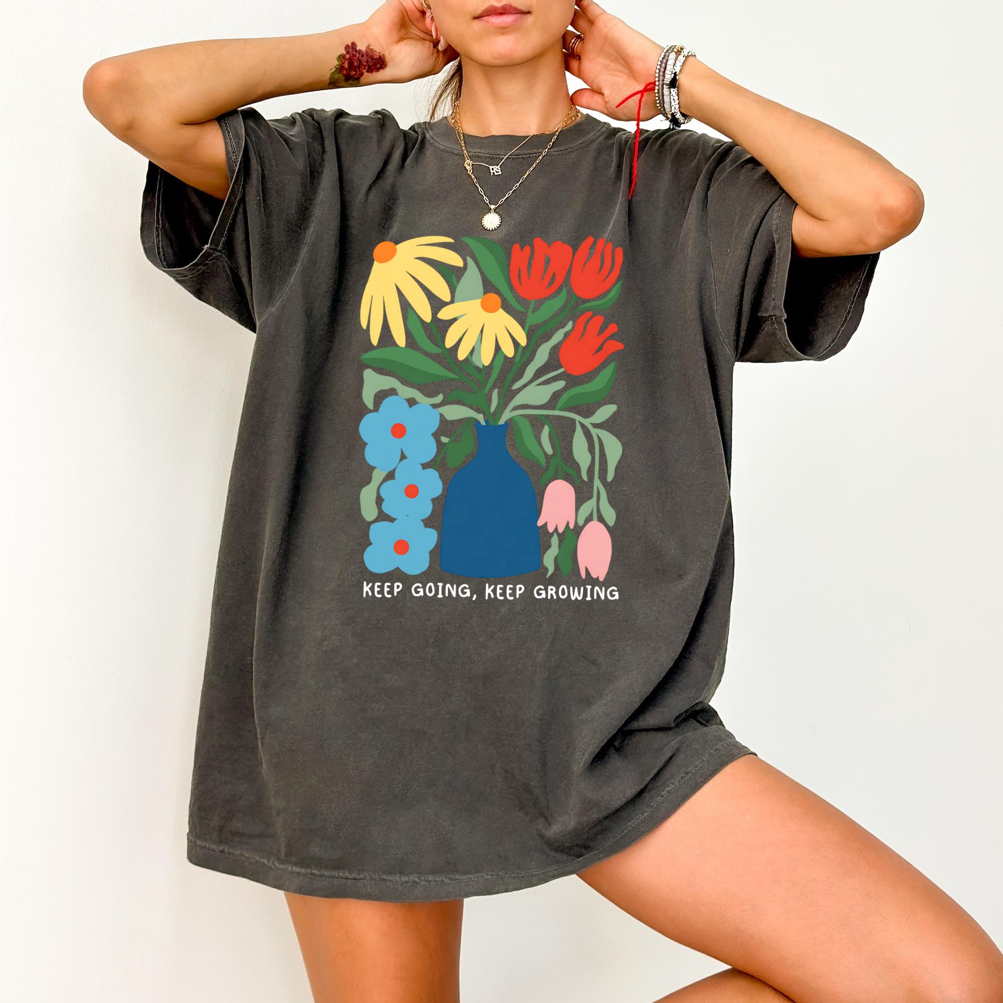 Cute Floral Keep Going Keep Growing Shirt, Comfort Colors Floral Inspirational Women Gift, Motivational Girly Gift