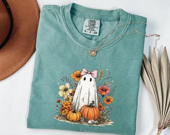 Popular Cute Ghost Pumpkin Halloween Shirt, Comfort Colors Fall Ghost Halloween T-shirt, Cute Halloween Girly Tee, Halloween Women Gift