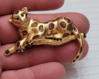 Vintage Gold toned enamel and rhinestone Leopard Cheetah pin brooch signed Premier Designs