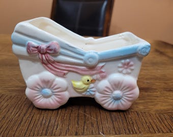 Vintage Ceramic Duck and Flower Baby Carriage Planter Nancy Pew