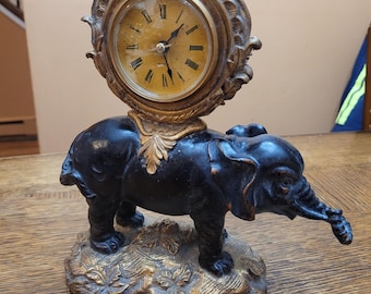 Vintage Indian Elephant Clock, Black & Gold Resin Desk Decor
