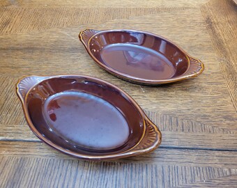 Vintage Hall USA Brown Glazed Stoneware Casserole Dishes, Set of 2