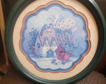 Vintage Round Framed Blue Bird Welcome Birdhouse Aart Print Barbara Mock