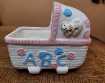 Vintage Ceramic A B C Pastel Baby Carriage Nursery Planter with Puppy Dog and Flowers