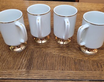 Vintage Set of Four White and Metallic Gold Royal Crown Japan Pedestal Irish Coffee Mugs