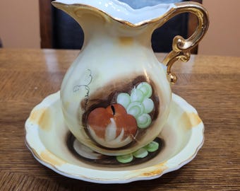 Vintage Miniature Artmark Japan Hand Painted Fruit Pitcher and Bowl Set