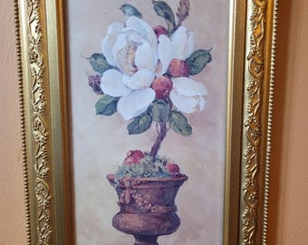 Vintage Magnolia Topiary ornate flower print Barbara Mock gold toned gilt framed wall art