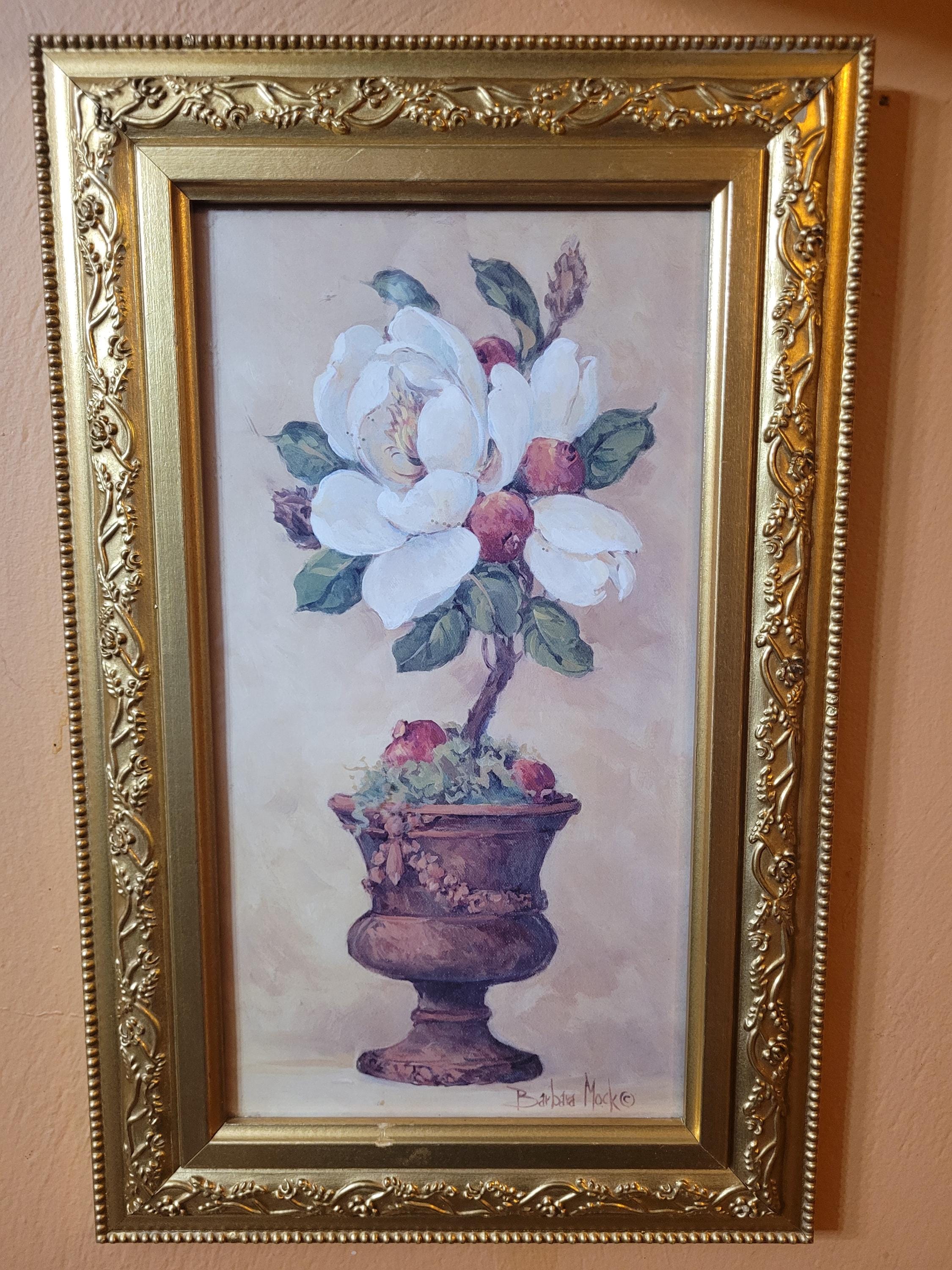 Vintage Magnolia Topiary ornate flower print Barbara Mock gold toned gilt framed wall art