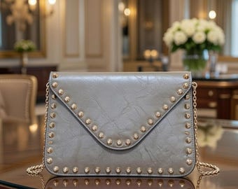 Vintage bullet studded envelope clutch tan vegan leather v shaped hand bag or cross body shoulder bag