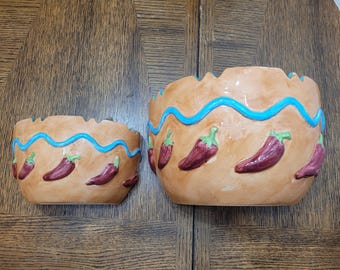 Vintage Pair of Lotus 1995 China Mexican Western Themed Half Bowl Chili Pepper Wall Mounted Pockets or Planters