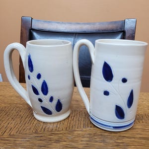 Two Vintage Williamsburg Pottery Colbalt Blue Leaf Salt Glazed Stoneware Mugs