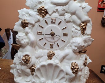 Vintage  Ceramic or Porcelain Lanshire Cherub Angle Victorian Style Gold Toned Accented Mantle Clock
