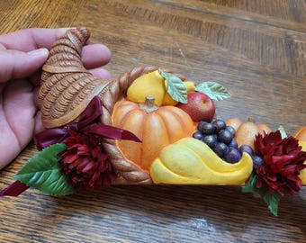 Vintage Resin Glittered Fall Harvest Cornucopia Over the Door Wall Hanging