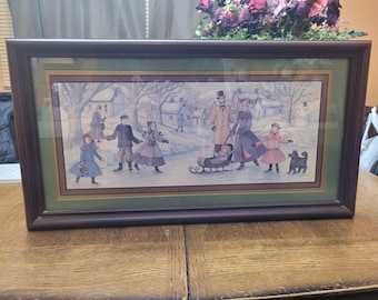 Vintage Home Interiors Victorian Family Ice Skating Print by Joan stier in a faux wood frame