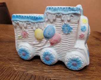 Vintage Ceramic Pastel Nursery choo Choo Train planter with a Baby Clown, Duck, and Flowers