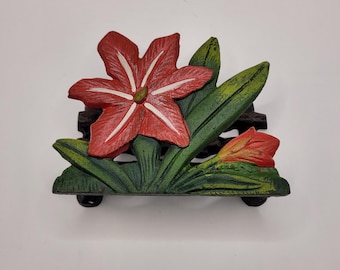 Vintage Antique metal Hand painted floral napkin holder